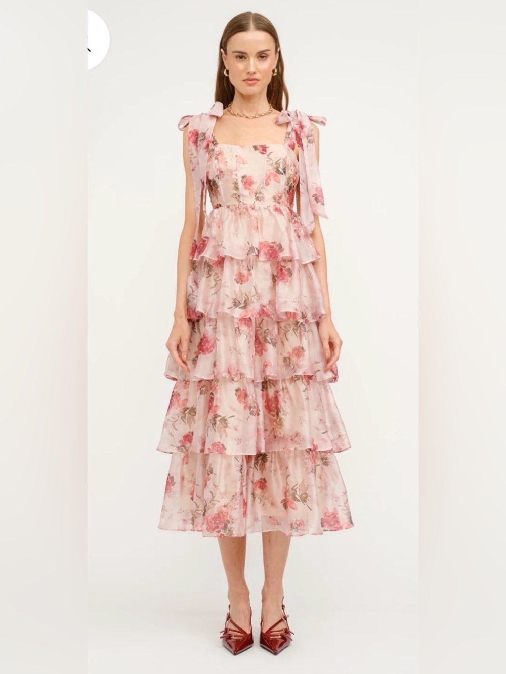 Sofie the label Floral Tiered Pink Midi Dress with Bow Shoulder Straps